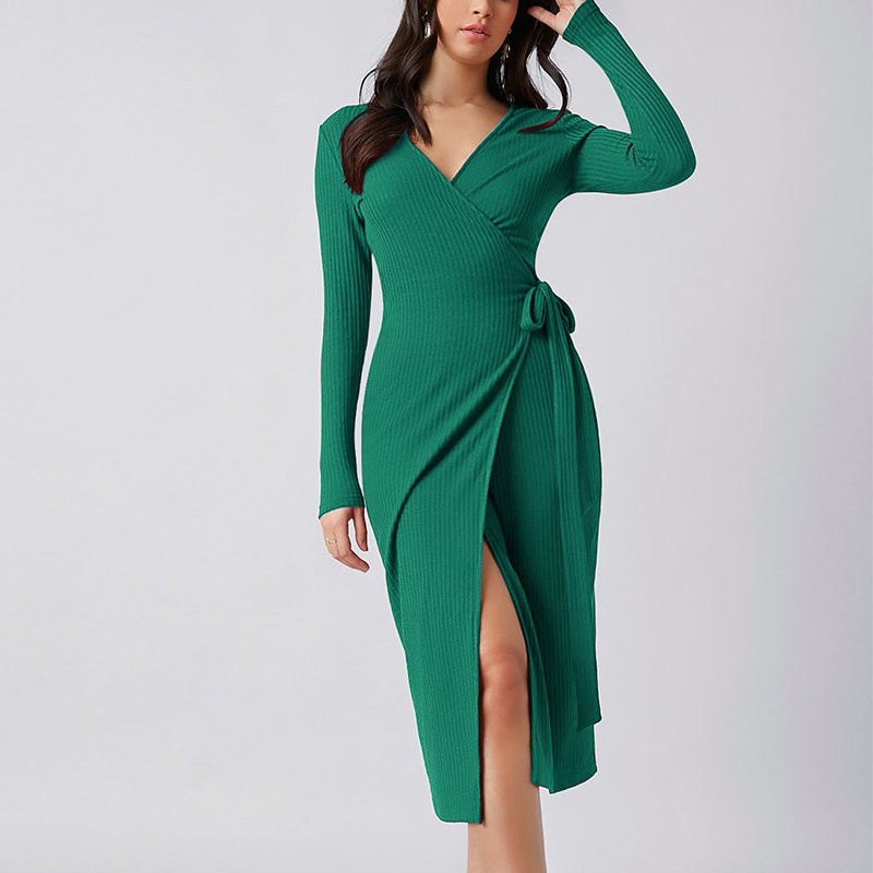 Solid V Neck Dress Women's Plus Size Customized women's printed logo long sleeve casual dress knit Wrap Belted Dress