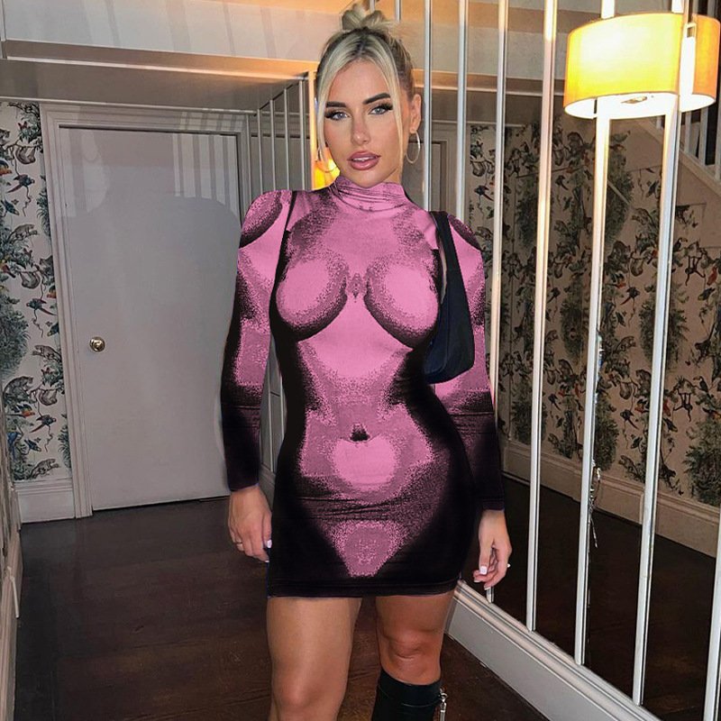 2023 Fashion 3D body printed long sleeve bodycon sexy ladies dress women casual dresses