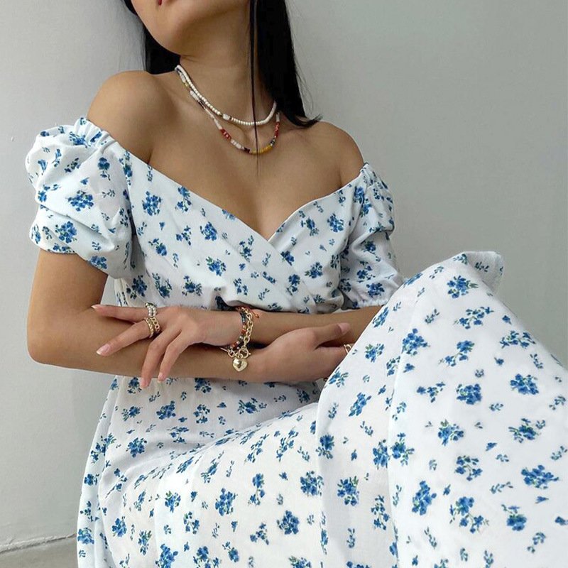 Factory wholesale sexy slit V-neck puff sleeve elegant long floral Casual dress for women
