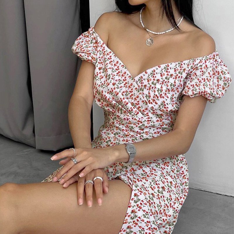 Factory wholesale sexy slit V-neck puff sleeve elegant long floral Casual dress for women