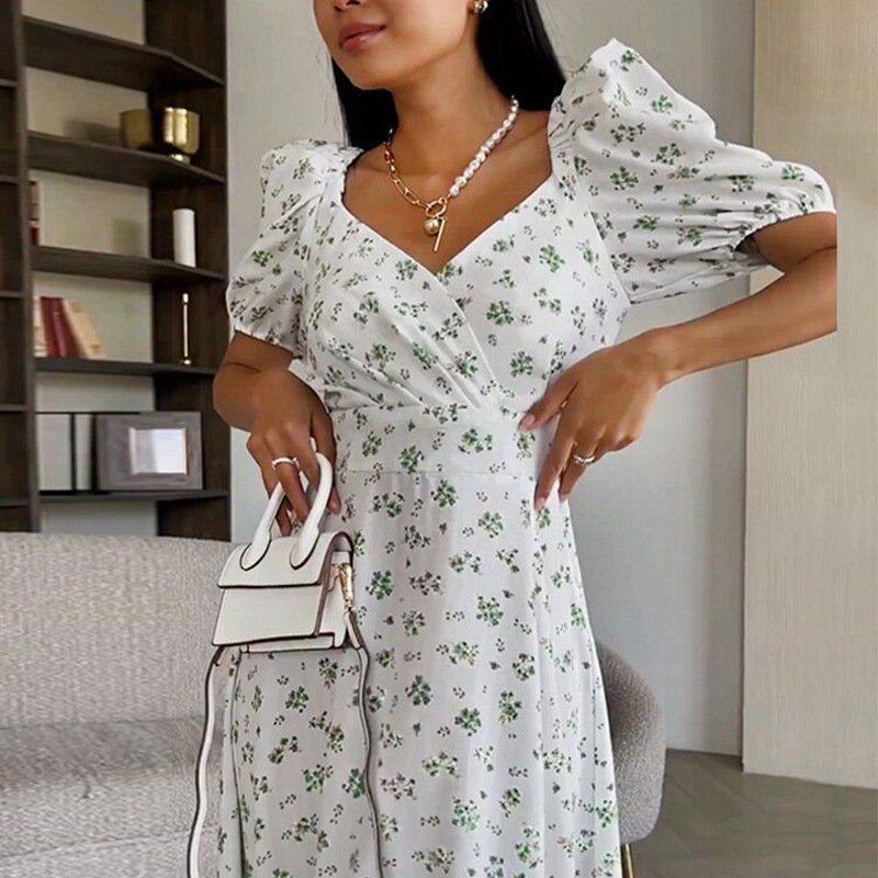 Factory wholesale sexy slit V-neck puff sleeve elegant long floral Casual dress for women