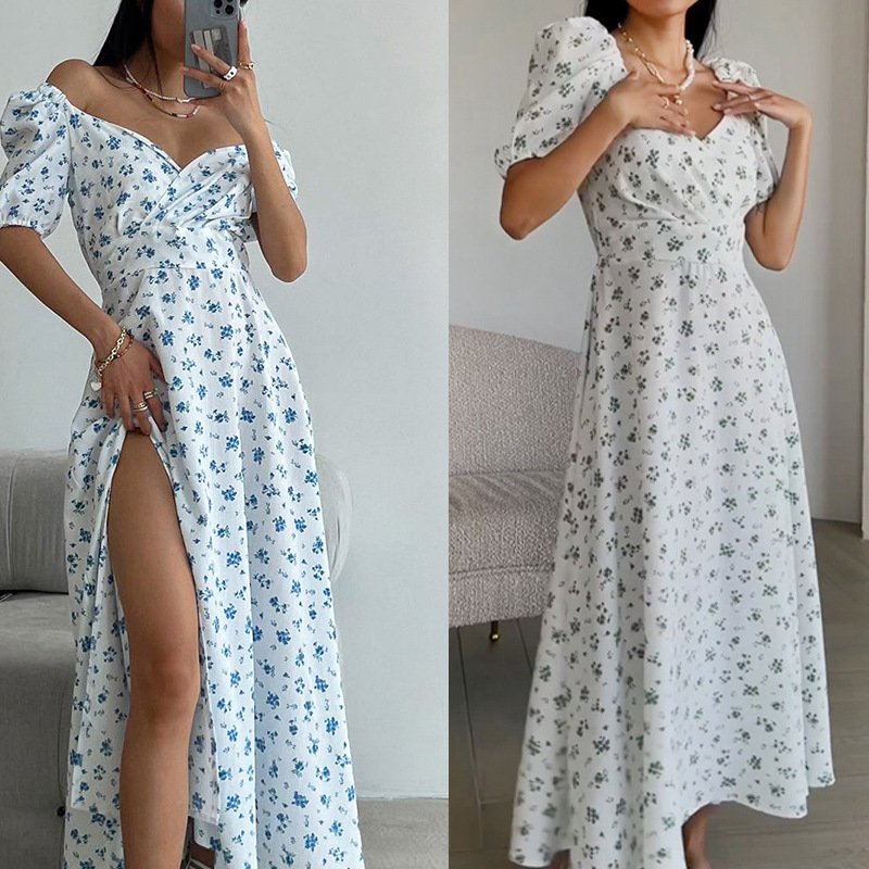 Factory wholesale sexy slit V-neck puff sleeve elegant long floral Casual dress for women