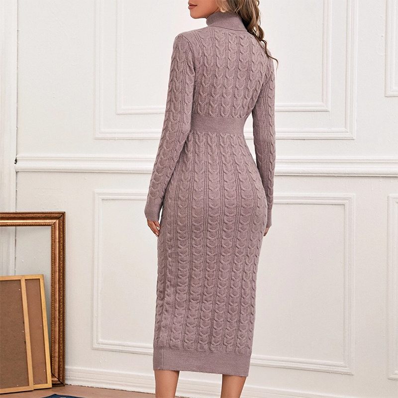 High Quality Cutout Turtle Neck Cable Knit Sweater Career Dress Womens Elegant Casual Dresses