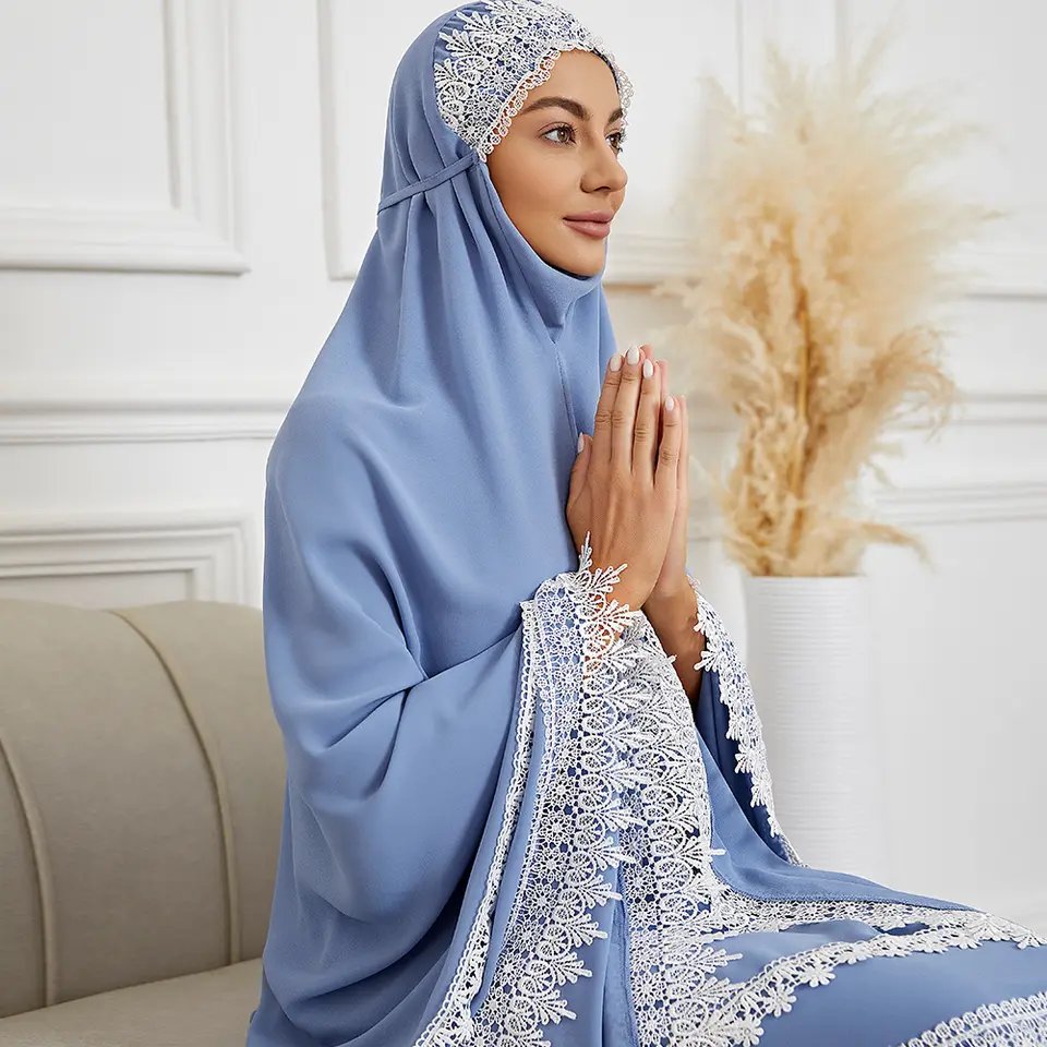 Z-3 Muslim Prayer Garment Abaya Long Ramadan 2 PCS Jilbab Malaysia Chiffon Telekung with Lace Hem