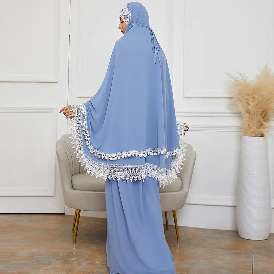 Z-3 Muslim Prayer Garment Abaya Long Ramadan 2 PCS Jilbab Malaysia Chiffon Telekung with Lace Hem