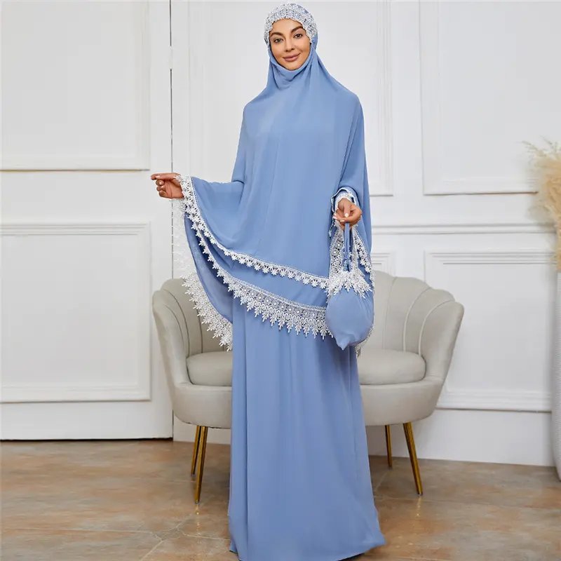 Z-3 Muslim Prayer Garment Abaya Long Ramadan 2 PCS Jilbab Malaysia Chiffon Telekung with Lace Hem