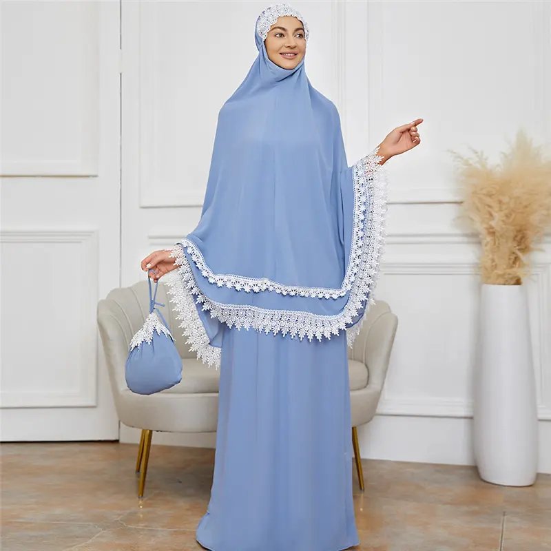 Z-3 Muslim Prayer Garment Abaya Long Ramadan 2 PCS Jilbab Malaysia Chiffon Telekung with Lace Hem