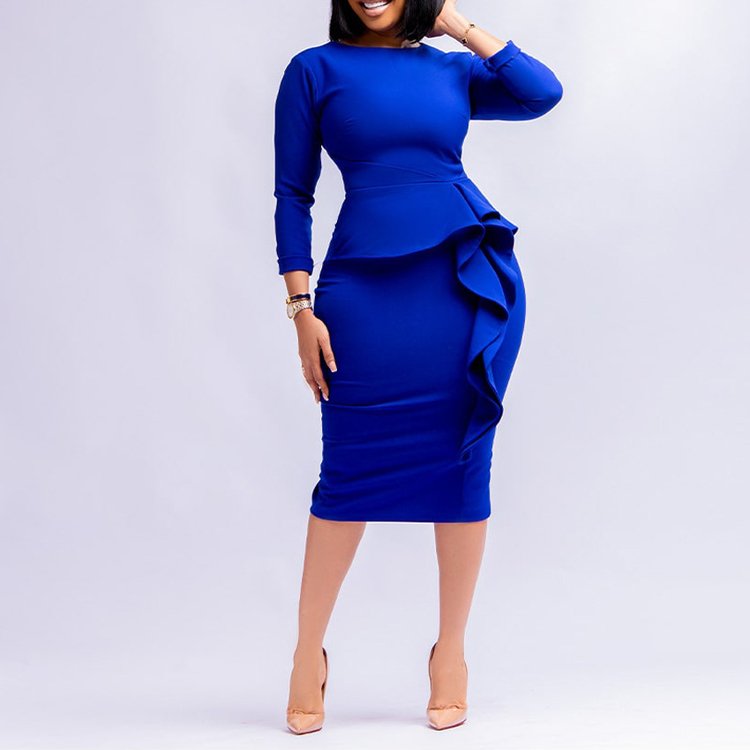 New Style Career Dresses Women Clothes Long Sleeve Slim Fit Fall Midi Peplum Plain Ruffle Formal Dress Elegant Office Dress