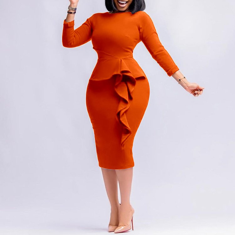 New Style Career Dresses Women Clothes Long Sleeve Slim Fit Fall Midi Peplum Plain Ruffle Formal Dress Elegant Office Dress