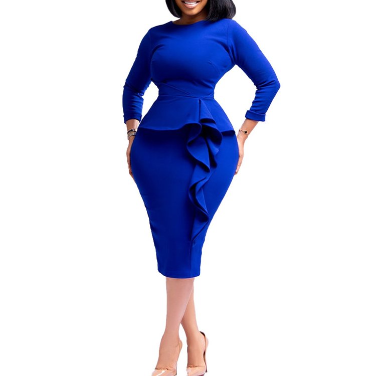 New Style Career Dresses Women Clothes Long Sleeve Slim Fit Fall Midi Peplum Plain Ruffle Formal Dress Elegant Office Dress