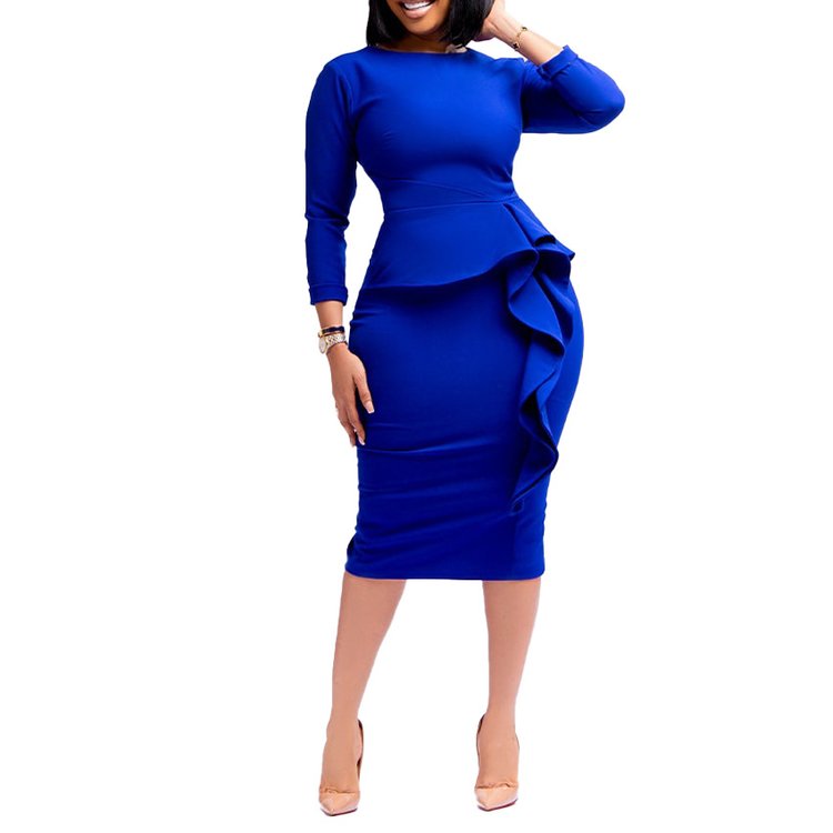 New Style Career Dresses Women Clothes Long Sleeve Slim Fit Fall Midi Peplum Plain Ruffle Formal Dress Elegant Office Dress