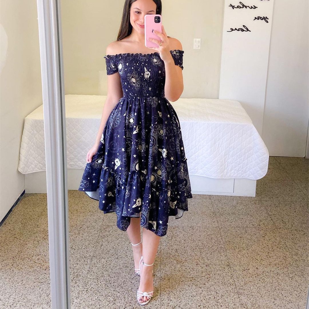 JSMANA Women's Oversized Summer Casual Dress European&American Irregular Off The Shoulder Digital Print Midi Dresses For Women