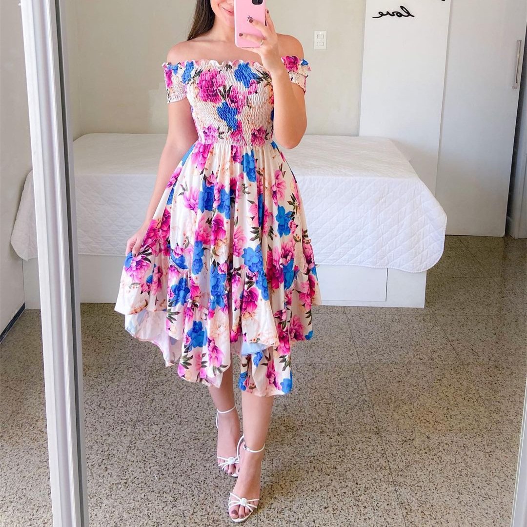 JSMANA Women's Oversized Summer Casual Dress European&American Irregular Off The Shoulder Digital Print Midi Dresses For Women