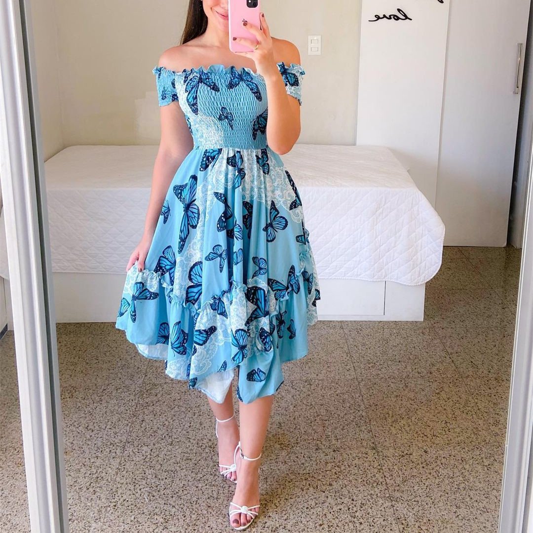 JSMANA Women's Oversized Summer Casual Dress European&American Irregular Off The Shoulder Digital Print Midi Dresses For Women