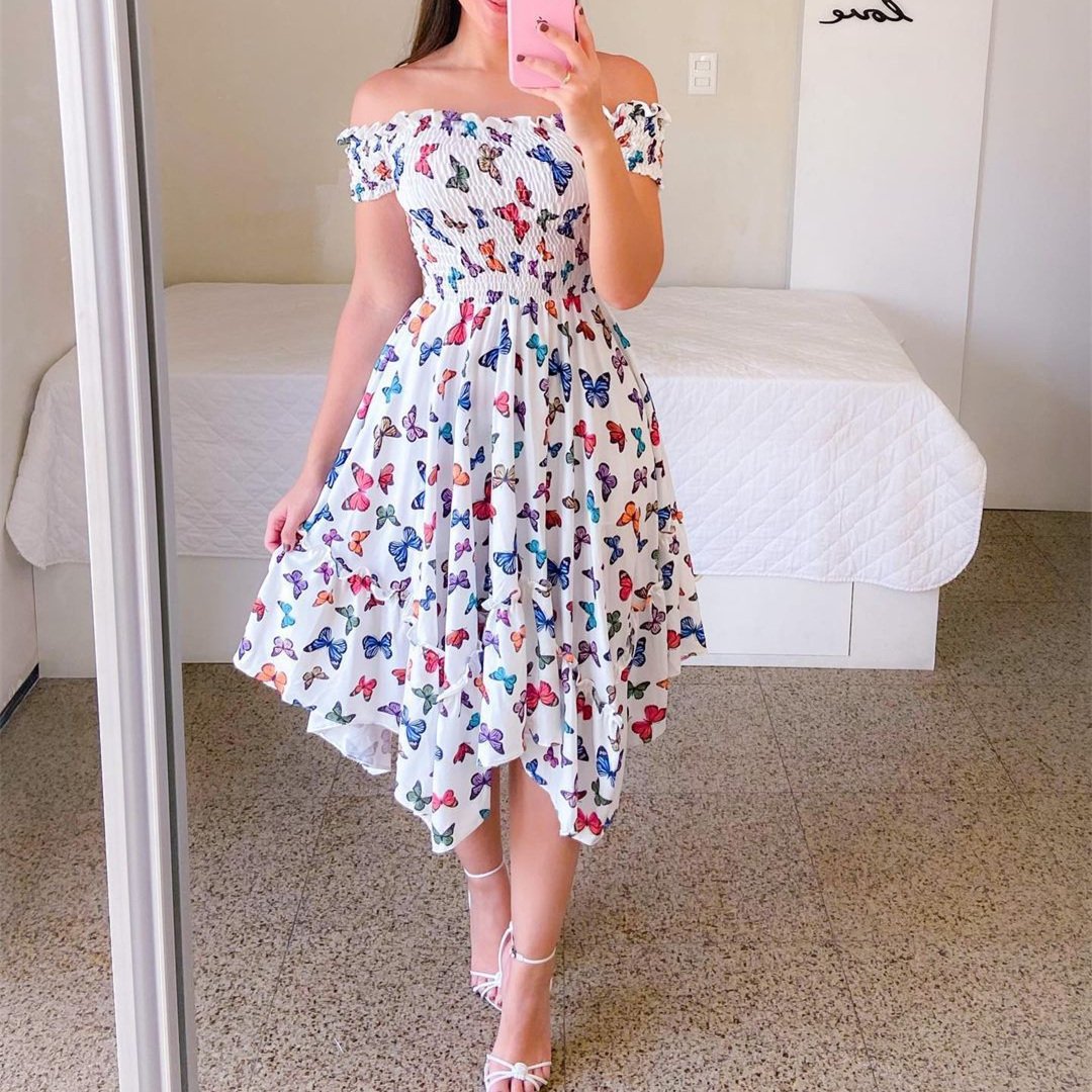 JSMANA Women's Oversized Summer Casual Dress European&American Irregular Off The Shoulder Digital Print Midi Dresses For Women