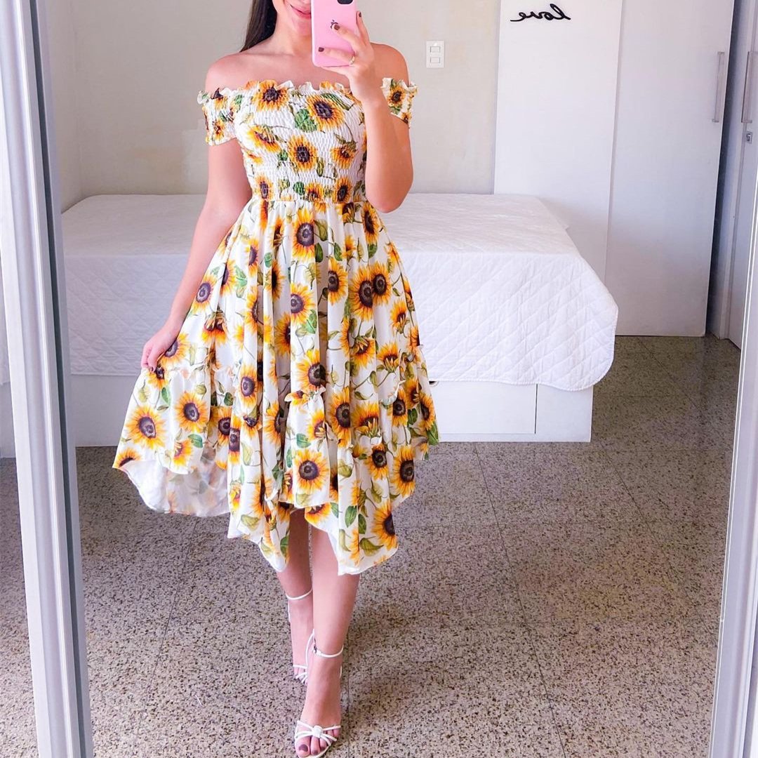JSMANA Women's Oversized Summer Casual Dress European&American Irregular Off The Shoulder Digital Print Midi Dresses For Women