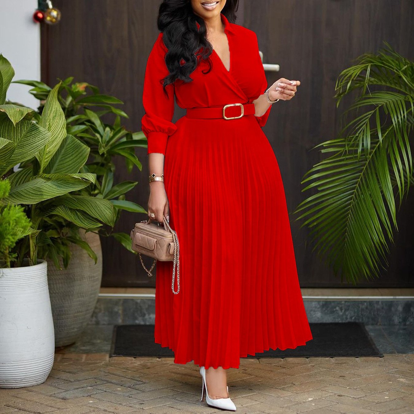 Trendy Spring Dresses Women Lady Elegant Solid Color Long sleeve V-neck Pleated Dress Elegant Casual Dresses With Belt
