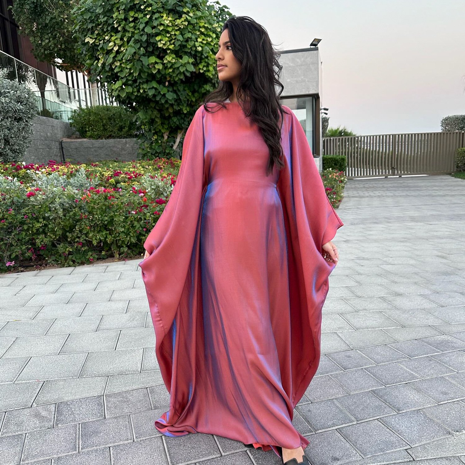 Plain color shiny fabric Free size big batwing sleeve dubai UAE girl islamic evening party abaya dress