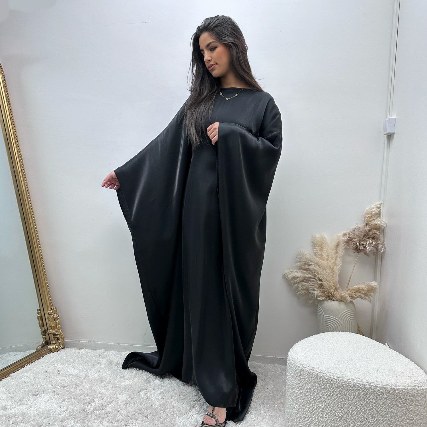 Plain color shiny fabric Free size big batwing sleeve dubai UAE girl islamic evening party abaya dress