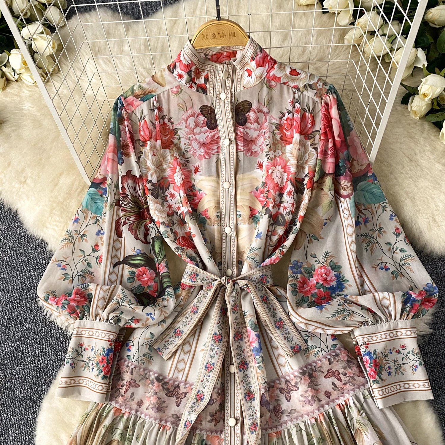 Plus Size Spring Elegant Stand Collar Midi Dress For Women Empire Printed Ladies Elegant Dresses Clothes Women