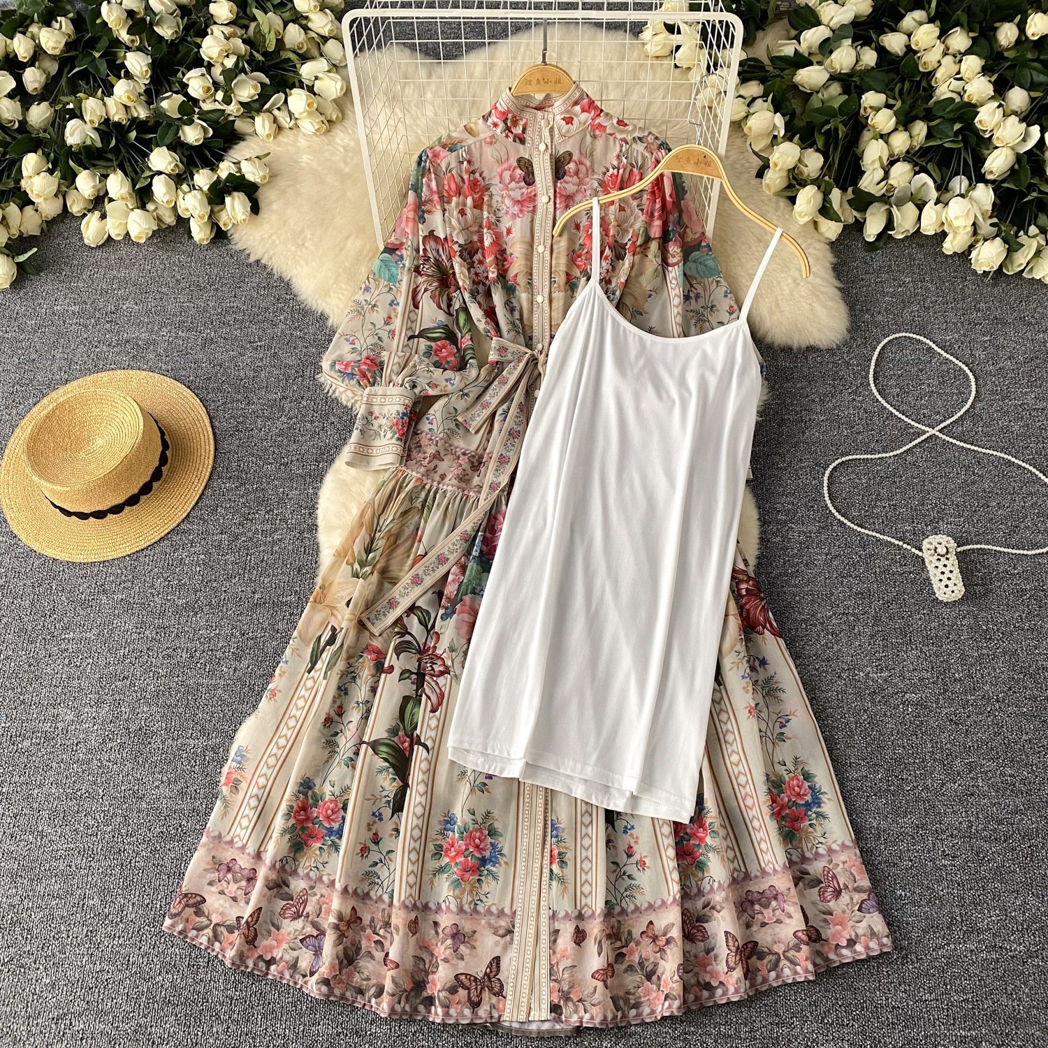 Plus Size Spring Elegant Stand Collar Midi Dress For Women Empire Printed Ladies Elegant Dresses Clothes Women