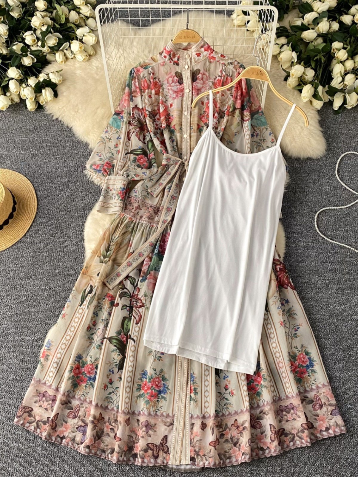 Plus Size Spring Elegant Stand Collar Midi Dress For Women Empire Printed Ladies Elegant Dresses Clothes Women