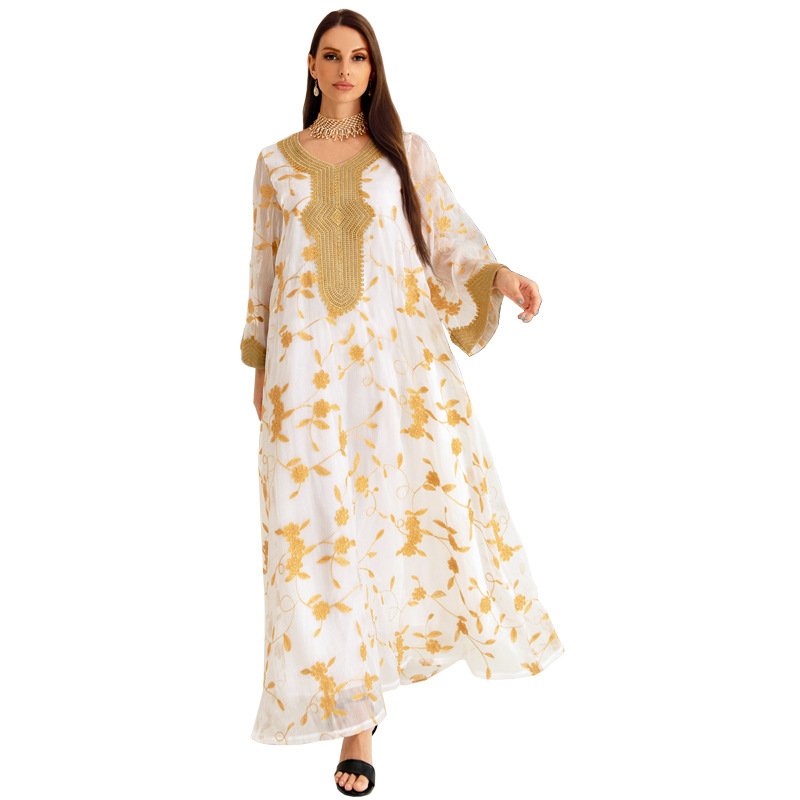 2023 Hot style Middle East Dubai Muslim fashion evening dress Turkey gauze dress embroidery gold lace dress