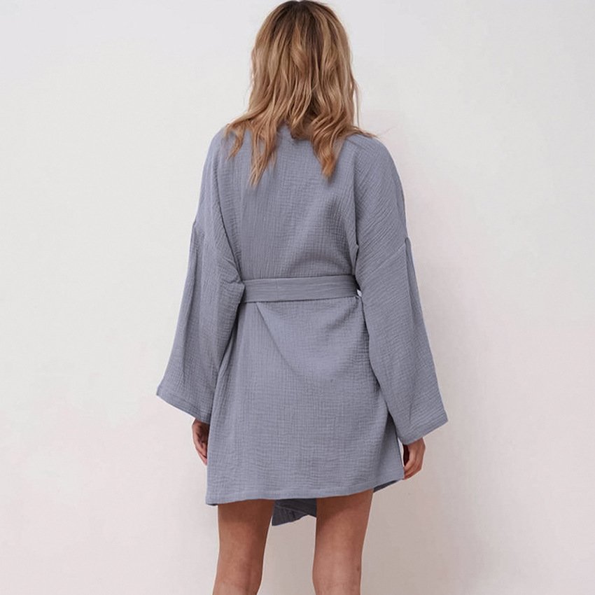 Custom Fabric Logo Cotton Long Sleeve Cotton Robe With Sashes Double Crepe Dresses Bathrobe Female sleepwear