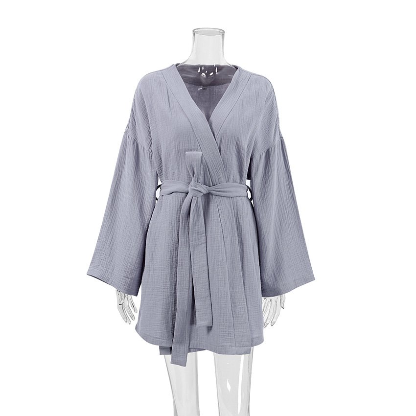 Custom Fabric Logo Cotton Long Sleeve Cotton Robe With Sashes Double Crepe Dresses Bathrobe Female sleepwear