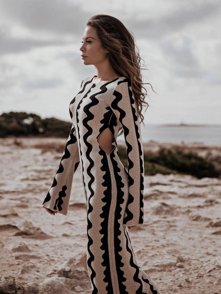 2023 Autumn Party Flared Long Sleeve Skinny Sexy Hollow Out Wave Jacquard Knit Maxi Dress Women's Sweater