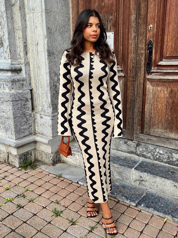 2023 Autumn Party Flared Long Sleeve Skinny Sexy Hollow Out Wave Jacquard Knit Maxi Dress Women's Sweater