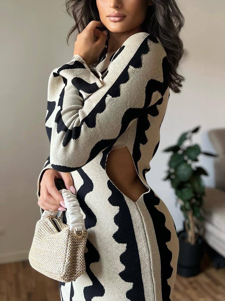 2023 Autumn Party Flared Long Sleeve Skinny Sexy Hollow Out Wave Jacquard Knit Maxi Dress Women's Sweater