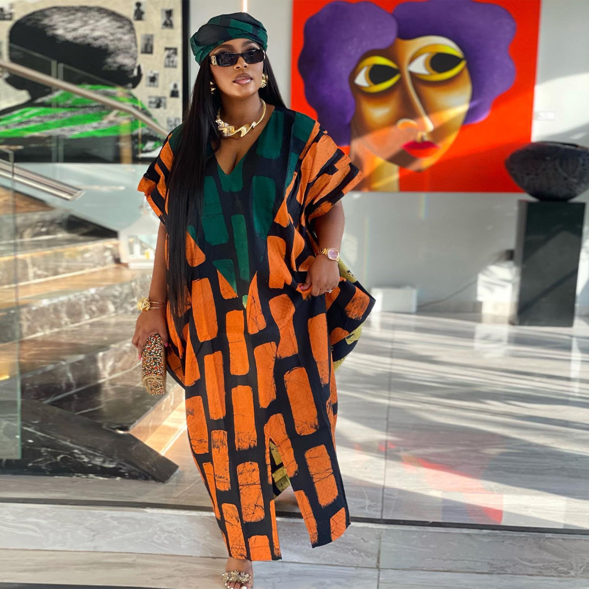 Sexy Slim Fit Positioning Patchwork Contrast Color Loose Slit Dress African Abaya Plus Size Casual Maxi Dress
