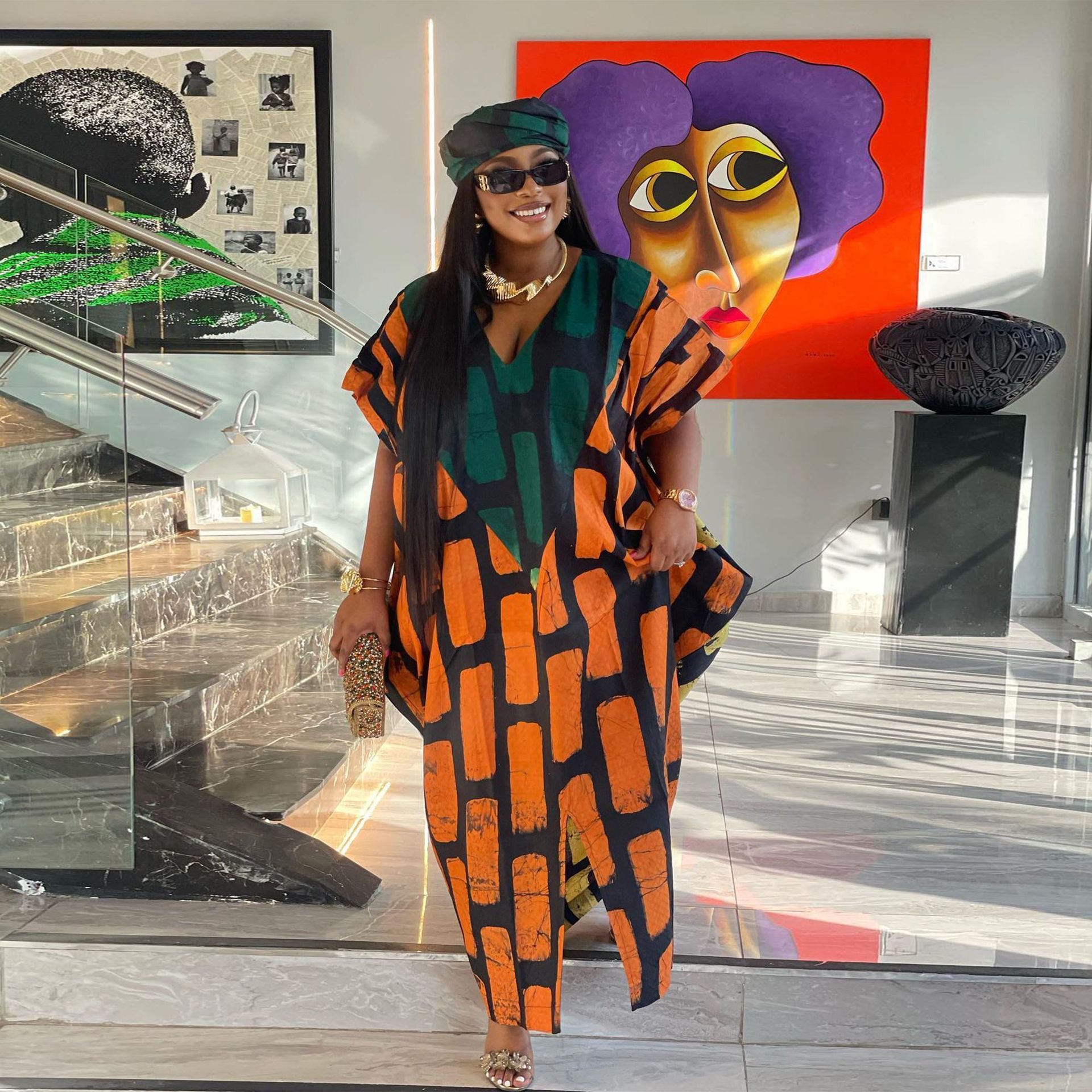 Sexy Slim Fit Positioning Patchwork Contrast Color Loose Slit Dress African Abaya Plus Size Casual Maxi Dress