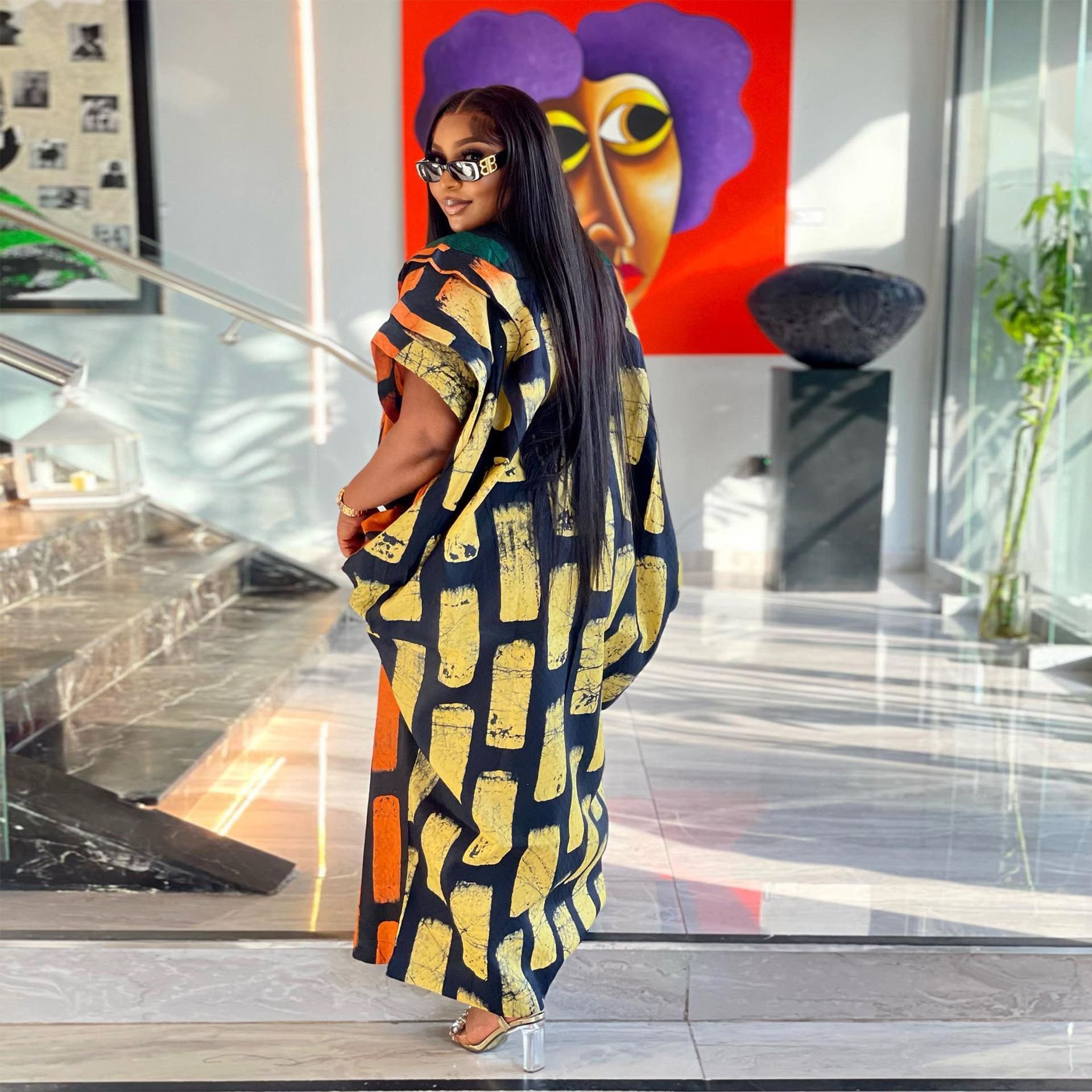 Sexy Slim Fit Positioning Patchwork Contrast Color Loose Slit Dress African Abaya Plus Size Casual Maxi Dress
