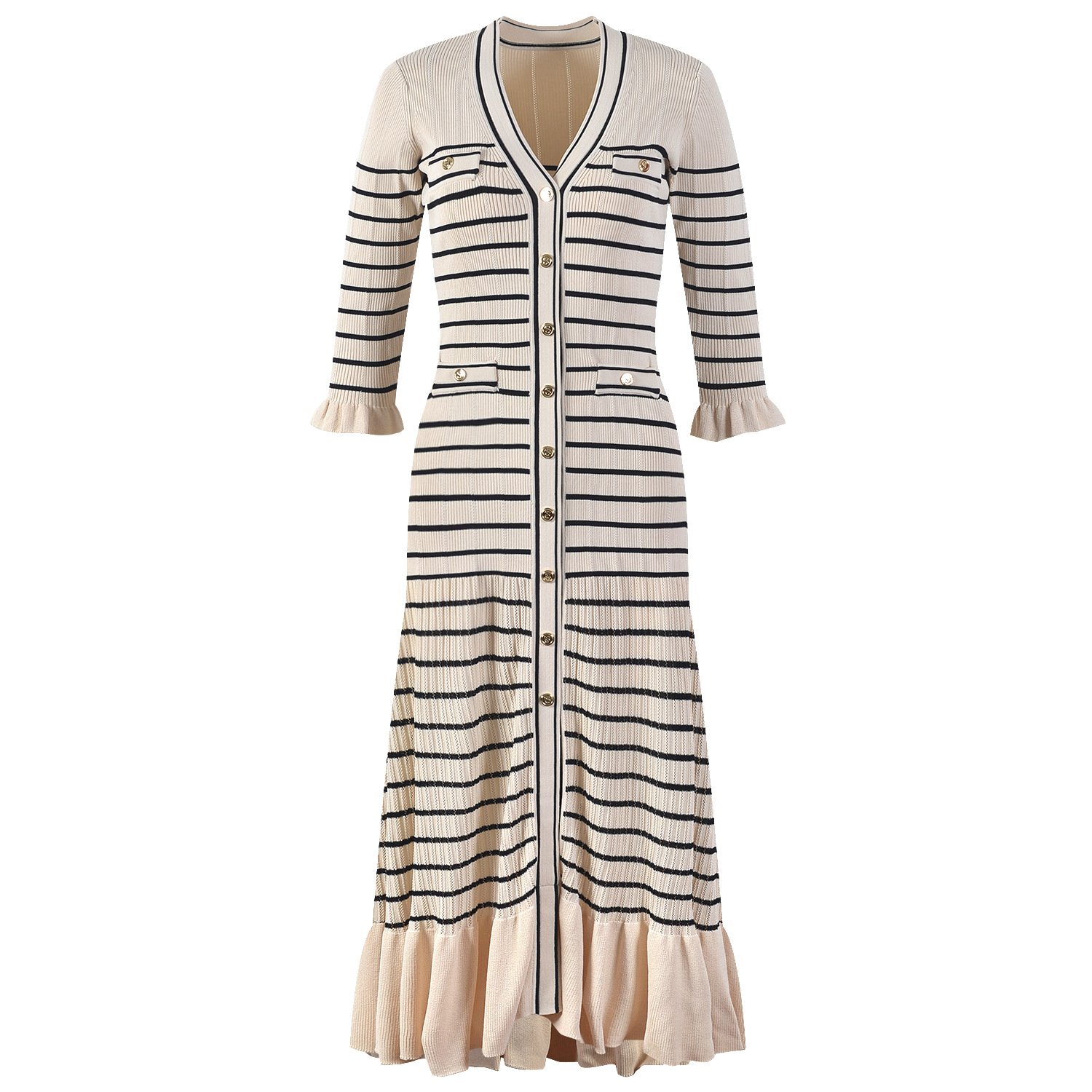 2024 Summer Maxi-Length Women's Dress Autumn New French Lazy Style Striped Knitted Bodycon V-Neck Slim Fit Casual Dress