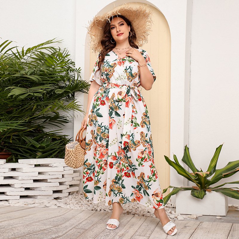 Fashion Ladies Clothes Plus Size Long Dress Womens Casual Beach Dresses Natural Short V-neck Floral Print 2024 Russian Summer
