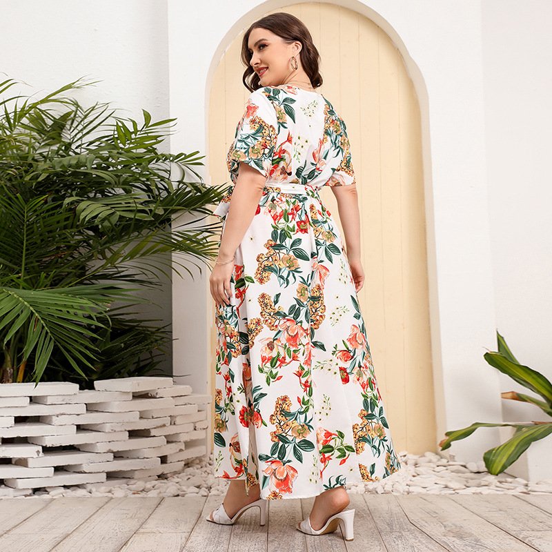 Fashion Ladies Clothes Plus Size Long Dress Womens Casual Beach Dresses Natural Short V-neck Floral Print 2024 Russian Summer