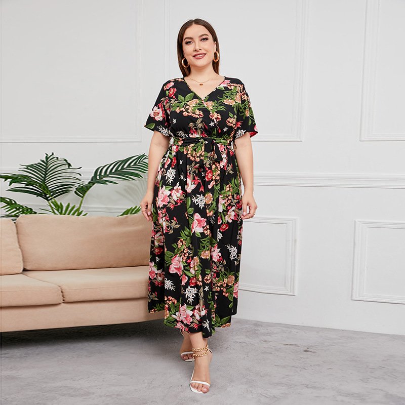 Fashion Ladies Clothes Plus Size Long Dress Womens Casual Beach Dresses Natural Short V-neck Floral Print 2024 Russian Summer