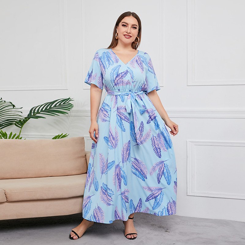 Fashion Ladies Clothes Plus Size Long Dress Womens Casual Beach Dresses Natural Short V-neck Floral Print 2024 Russian Summer
