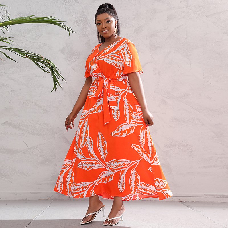 Fashion Ladies Clothes Plus Size Long Dress Womens Casual Beach Dresses Natural Short V-neck Floral Print 2024 Russian Summer