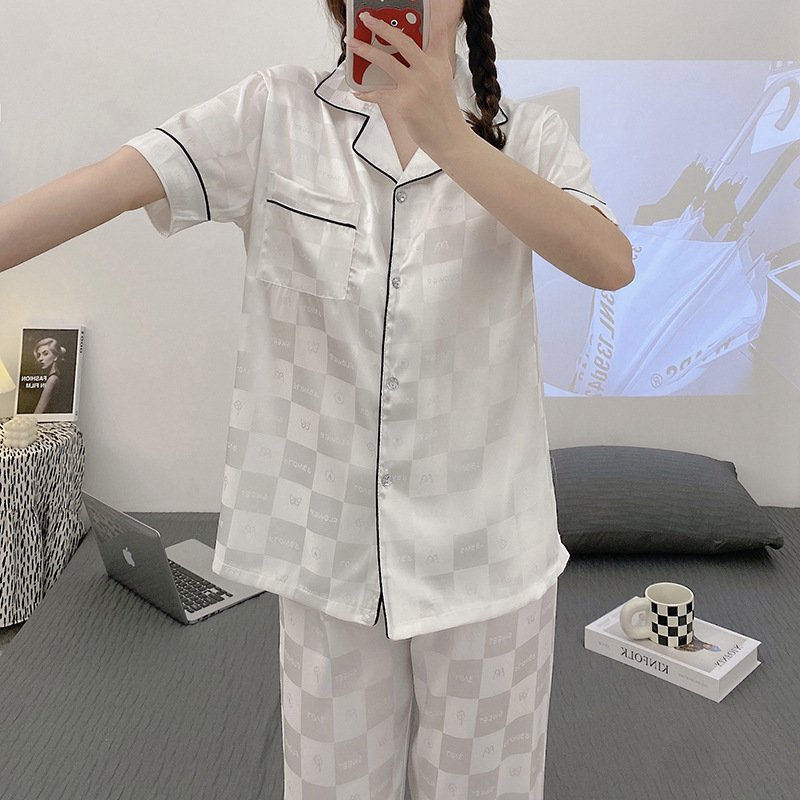 Wholesale Ice Silk Long Sleeve Women Night Suit Pajama Set 2 Pieces Home Wear Turn-Down Collar Night Dress