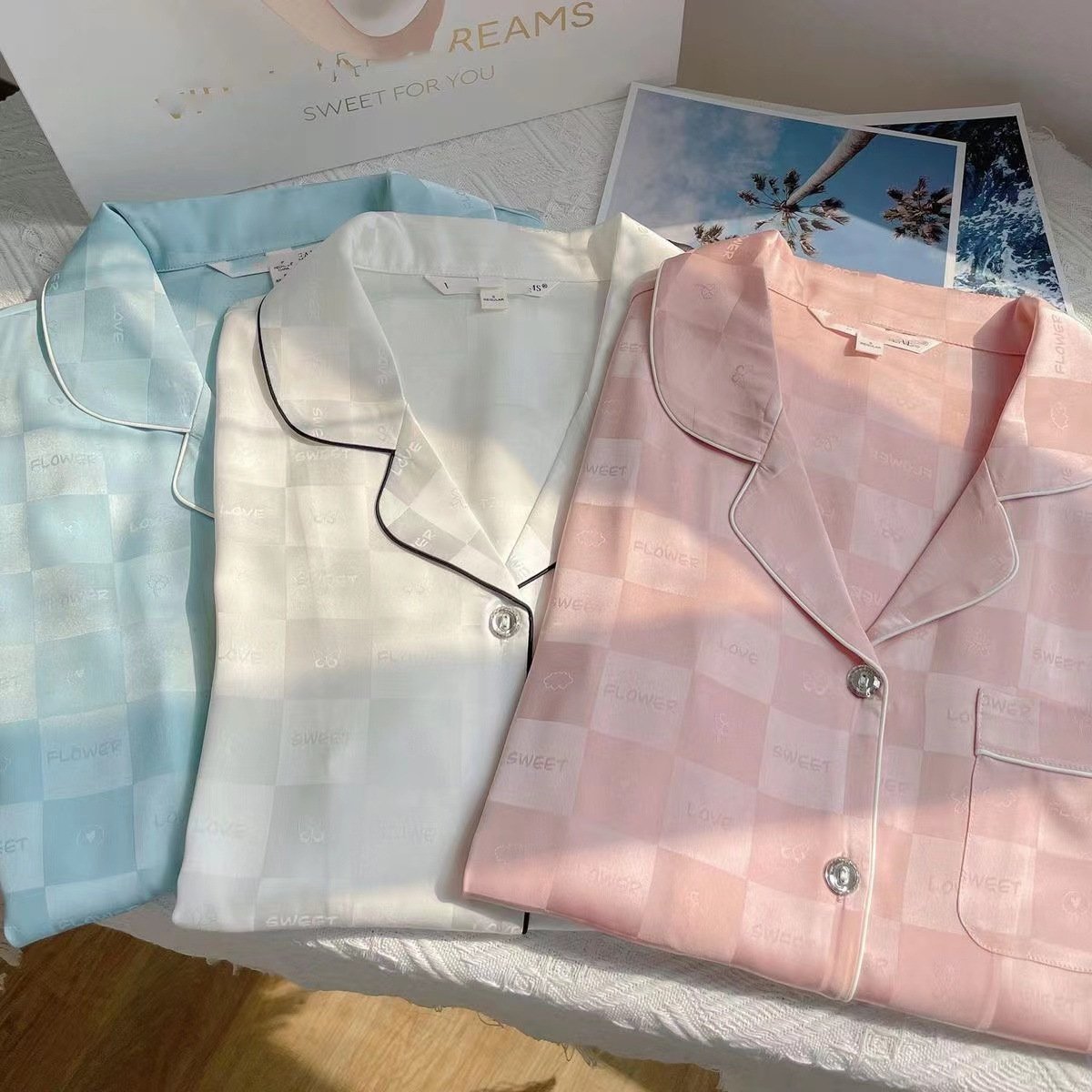 Wholesale Ice Silk Long Sleeve Women Night Suit Pajama Set 2 Pieces Home Wear Turn-Down Collar Night Dress