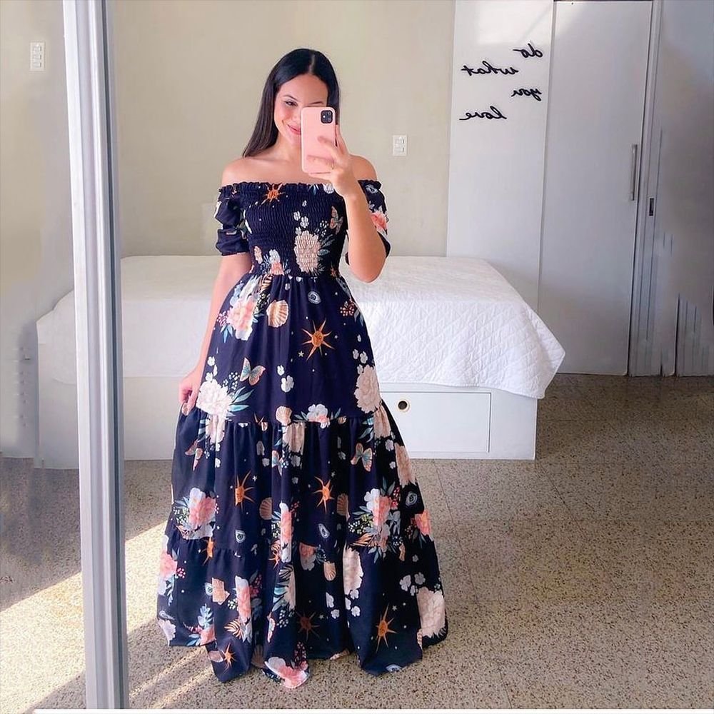 textile Fashion Ladies Long Summer One-shoulder Floral Dress Women Clothing Casual Dresses Women's Maxi Dresses