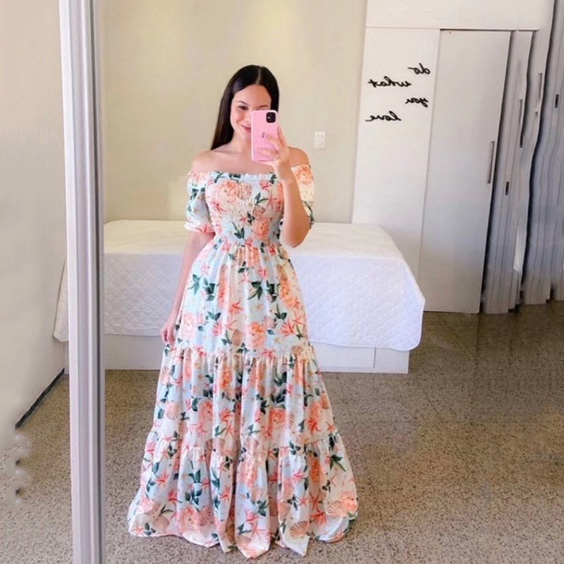 textile Fashion Ladies Long Summer One-shoulder Floral Dress Women Clothing Casual Dresses Women's Maxi Dresses