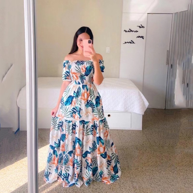 textile Fashion Ladies Long Summer One-shoulder Floral Dress Women Clothing Casual Dresses Women's Maxi Dresses