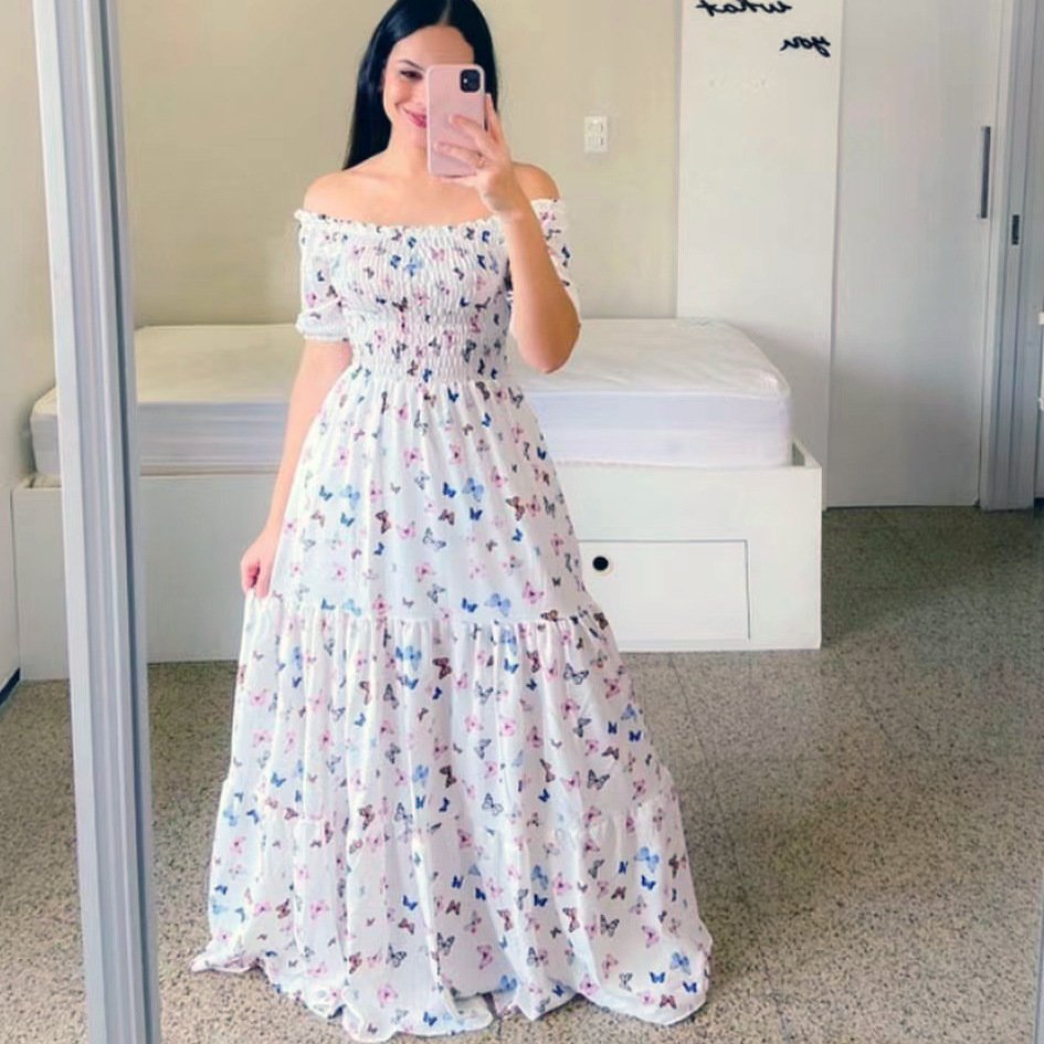 textile Fashion Ladies Long Summer One-shoulder Floral Dress Women Clothing Casual Dresses Women's Maxi Dresses