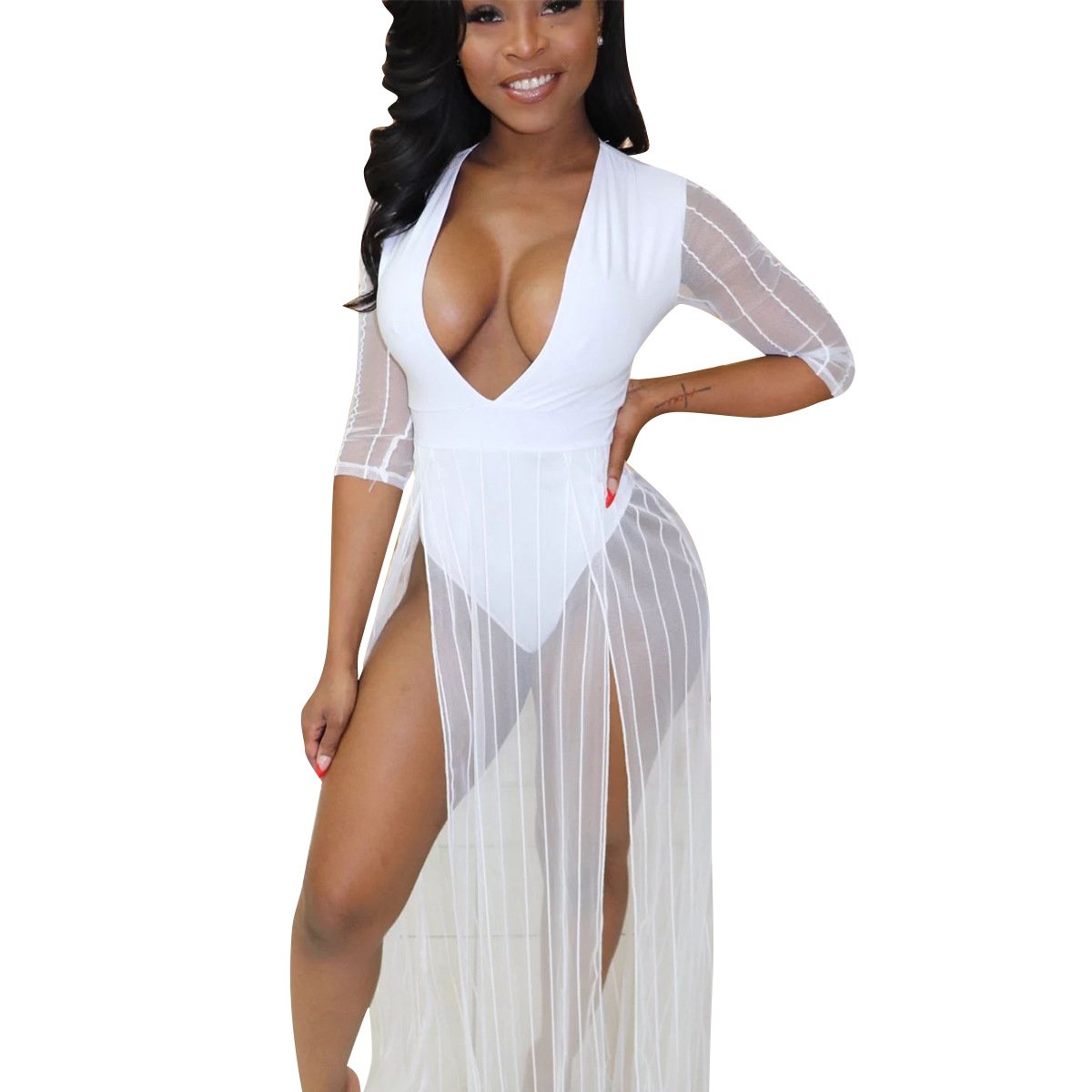 2021 popular ladies sexy mesh lace stitching perspective party dress long skirt gauze pendulum five-point sleeve beach dress