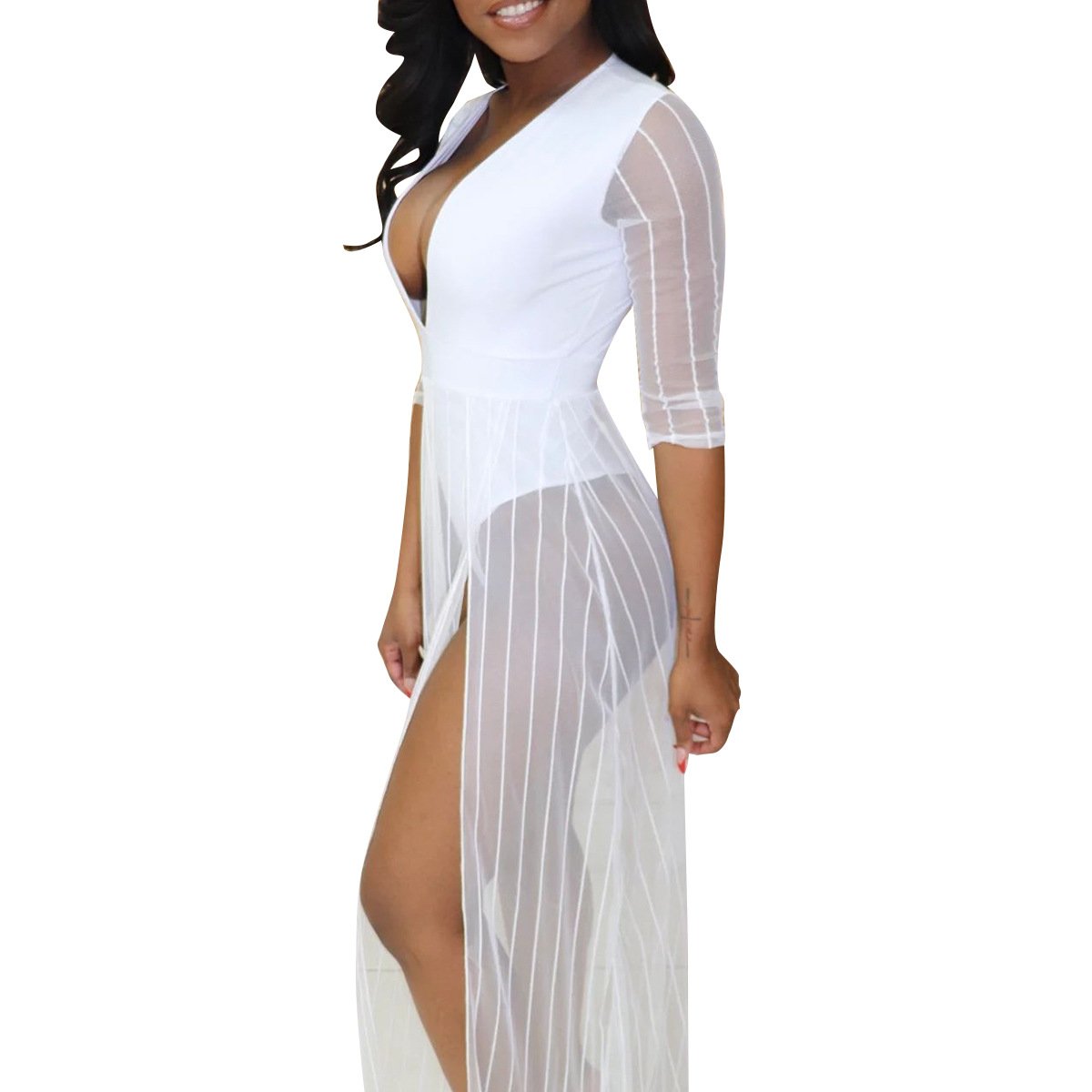 2021 popular ladies sexy mesh lace stitching perspective party dress long skirt gauze pendulum five-point sleeve beach dress