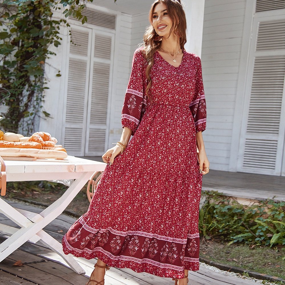 2022 Print Summer Vintage Bohemian Stitching Casual Holiday Dress Women Elegant Casual Holiday Beach Vacation Dresses